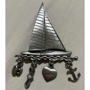 Vintage Signed JJ Jonette Jewelry  Pewter Sailboat Brooch